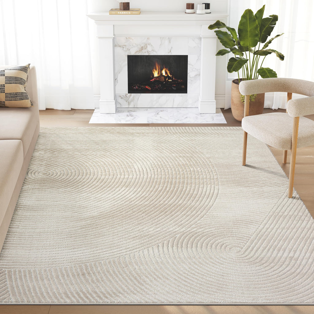 Neutral Beige Area Rug | Beige Geometric Carpet with Zen Circle Pattern | Rugs