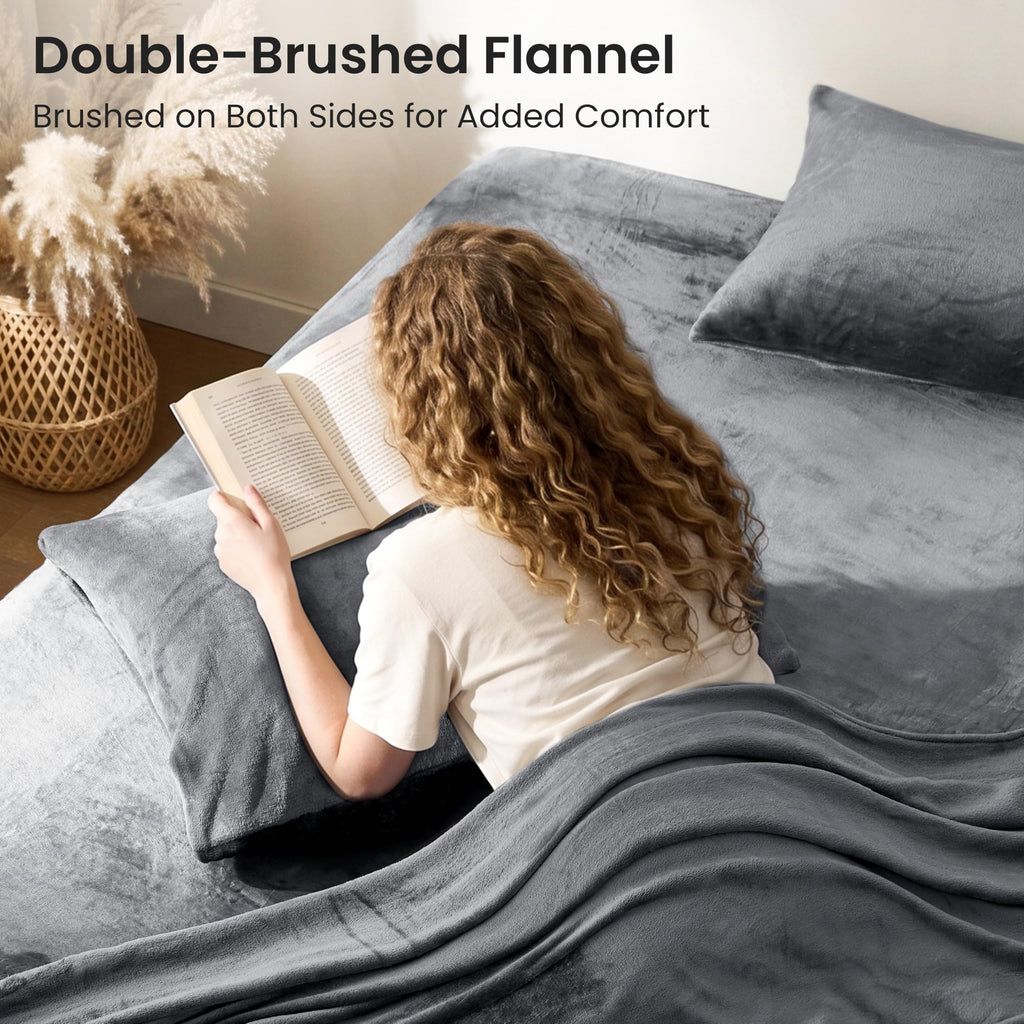 Flannel Sheets Set, Grey, 4 Pieces, 15" Deep Pocket