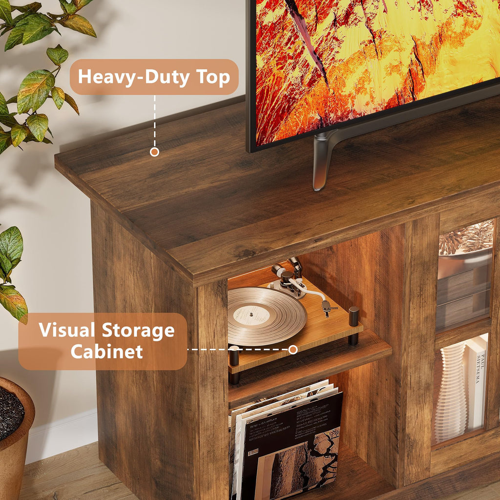 Farmhouse TV Stand with Glass Doors for 65 Inch TV(Rustic Brown)
