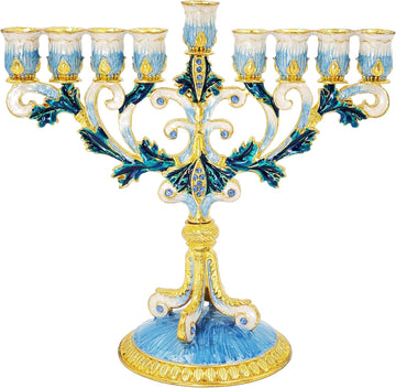 Hand-Painted Enamel Metal with Blue, White, Gold and Green Jeweled Accents, 6" Inches