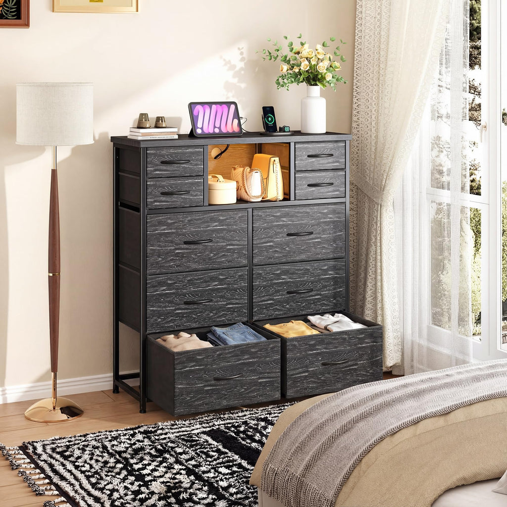 Black Dresser with Charging Station & LED, 10 Drawers