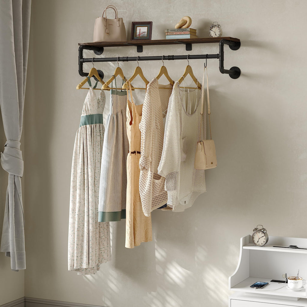 Industrial Pipe Clothes Rack with Top Shelf and 3 Hooks, 41''L Wall Mounted Garment Rack, Heavy Duty Iron Garment