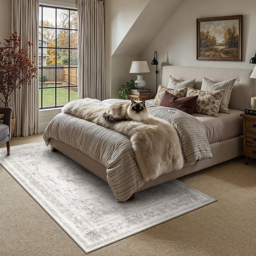 6x9 Washable Area Rug Gray Vintage Distressed Netural Carpet
