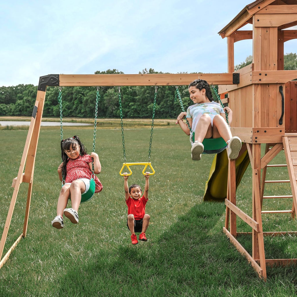Sterling Point Cedar Wood Swing Set with Wave Slide, Raised Clubhouse, Wooden Bridge, Rock Wall, Belt Swings, Web