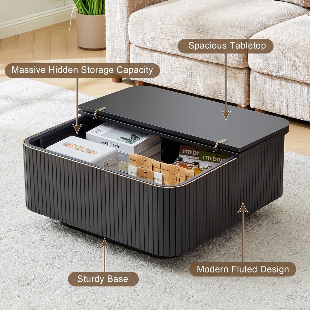 31.5" Square Coffee Table with Storage, Fluted & Floating Base (Black)