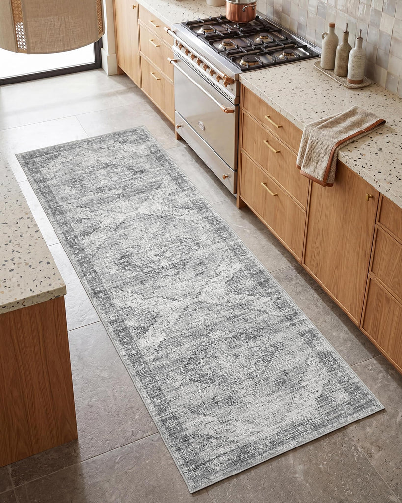Grey Boho Washable Runner Rug Hallways Entryway