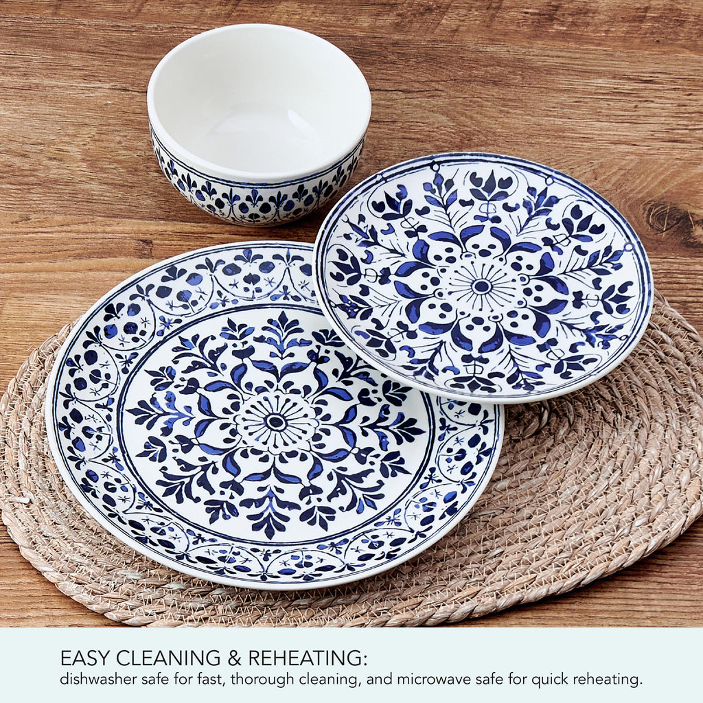 Medallion Radiance 12 Piece Stoneware Dinnerware Plate Bowl Dish Set, Service for 4, Blue