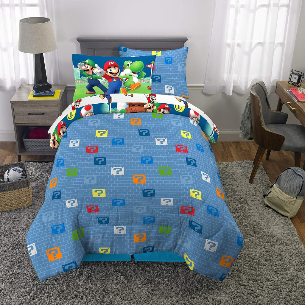 Super Mario Kids Bedding Set, Twin 5 Piece Comforter and Sheet Set with Sham, (Officially Licensed Product)