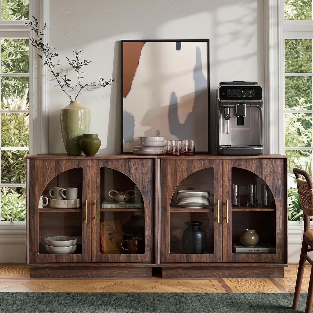 31.5" Sideboard Buffet Cabinet with Arched Glass Doors | Modern Accent Cabinet, Modular Media Console with Storage