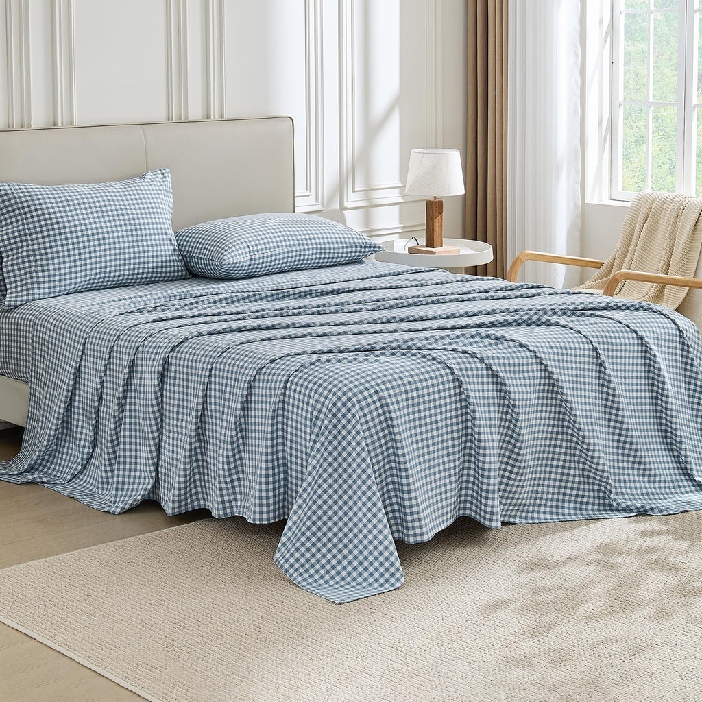 Blue Gingham Sheets Set 100% Washed Cotton Linen Like