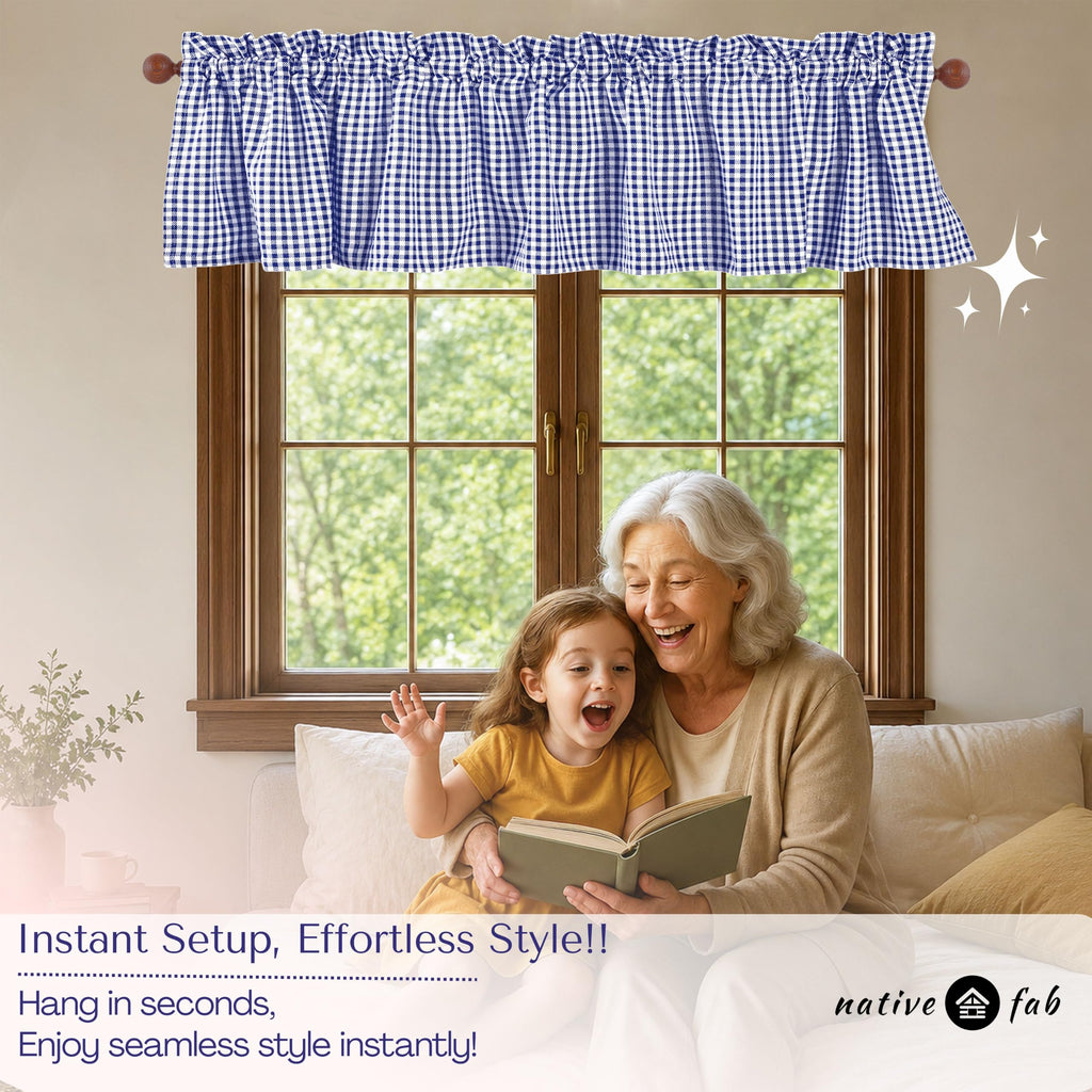 Gingham Checkered 2 Pack Window Curtain Valance Set - Rod Pocket - Semi Sheer - Farmhouse Small Curtain - 54"x18"