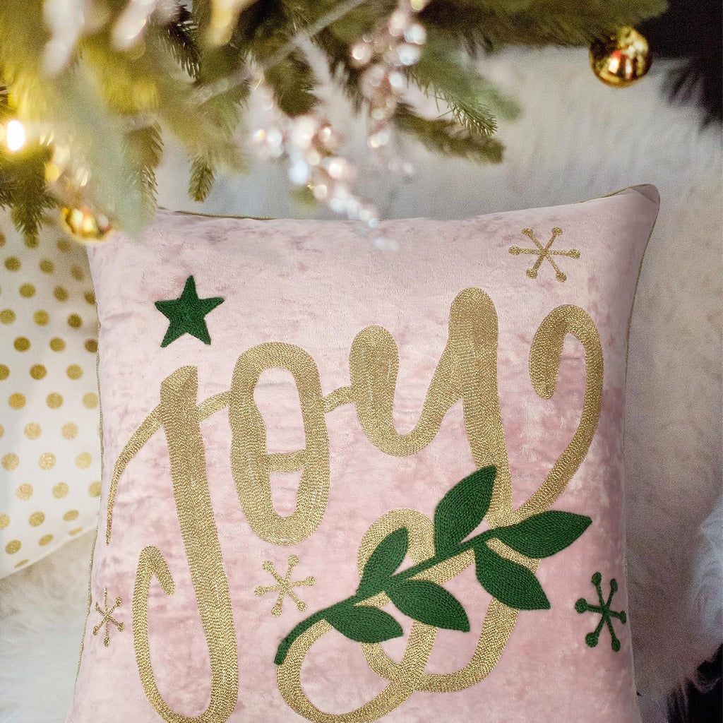 Joy Christmas Pillow Covers 18x18,Embroidered Velvet Christmas Throw Pillow Covers Christmas Decorations Holiday