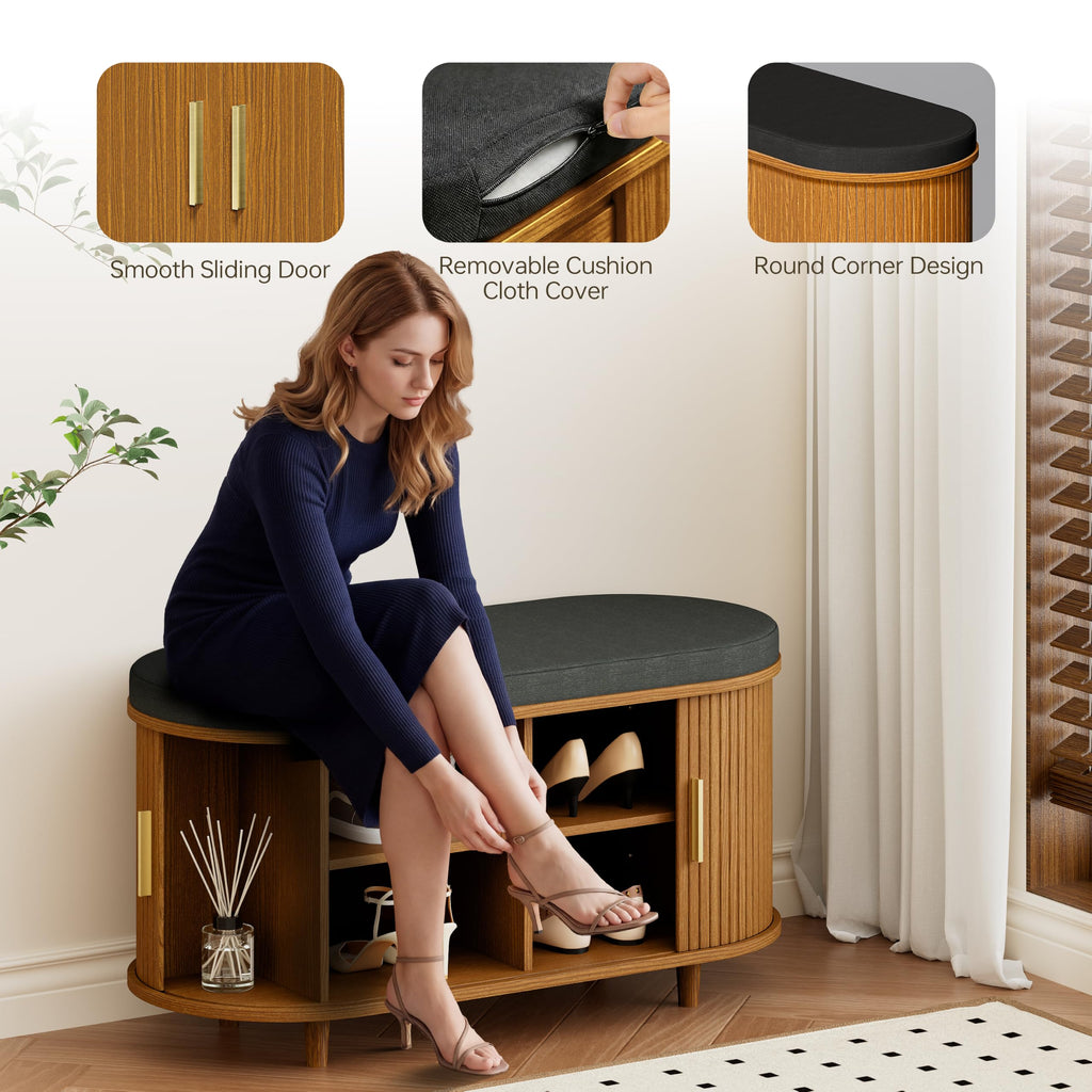2-Tier Storage Bench, Wide Shoe Bench with Thickened Padded Seat Cushion, Mid Century Modern Fluted Sliding Door and