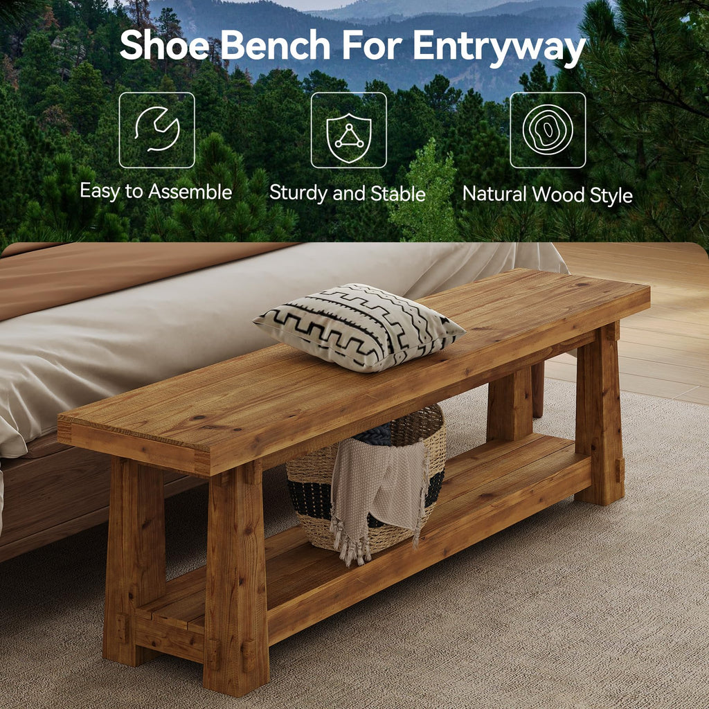 Solid Wood Entryway Bench, 55" Rustic Bench Seat with Shoe Storage, 350 LB
