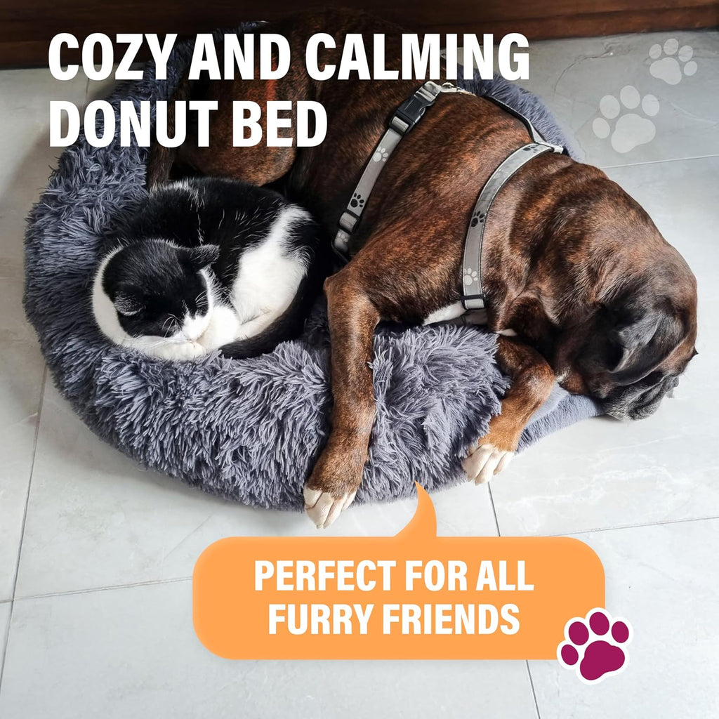 Premium Large Donut Dog Bed, Fits Up to 100 lbs, Machine Washable Cushion, Plush Long Pile Faux Fur Fabric, Portable