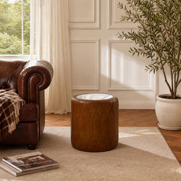 Genuine Leather Ottoman Round Pouf with Aluminum Patchwork
