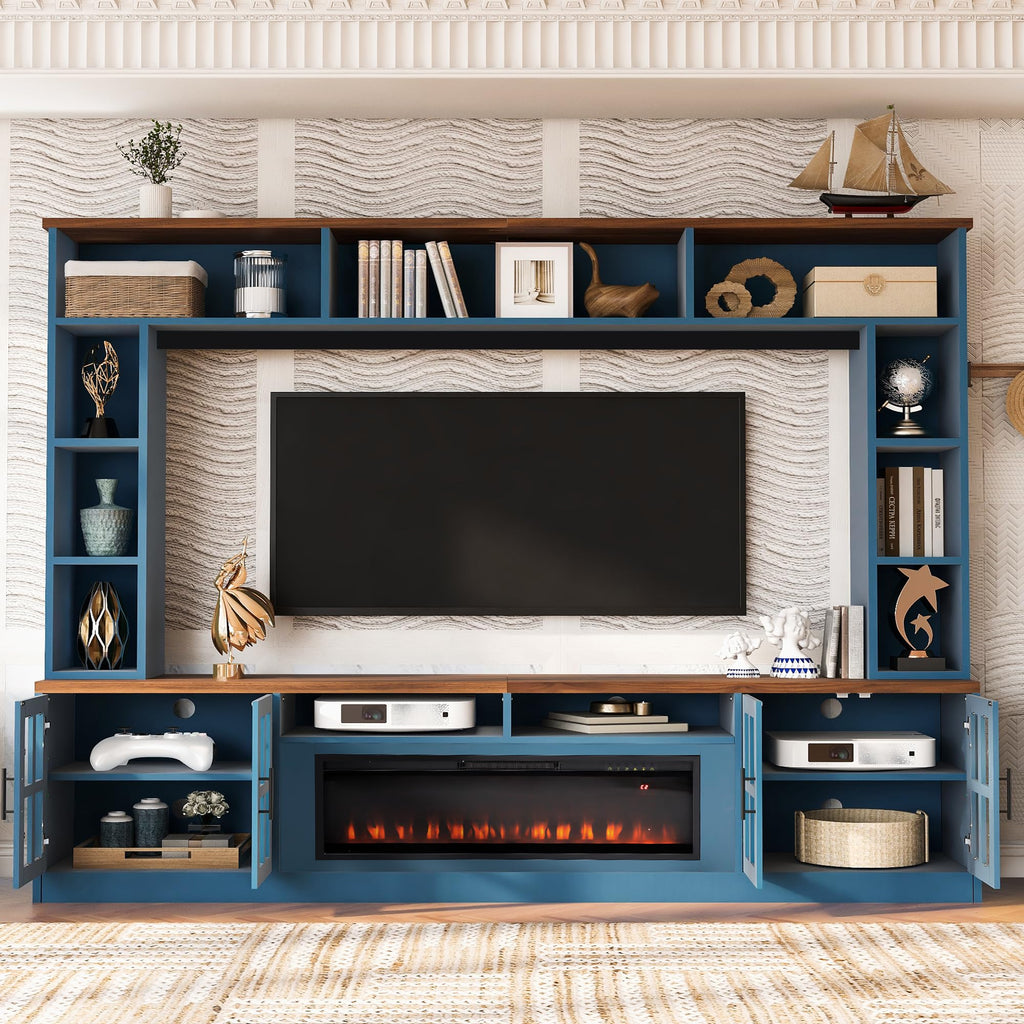 95.5" Farmhouse Entertainment Center with Fireplace, Wood Large TV Stand Wall Unit Media Console with Storage