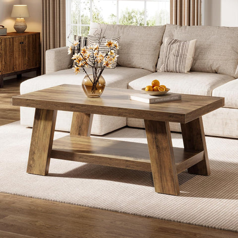 47-Inch Farmhouse Coffee Table with Storage Shelf, Rustic Wooden Center Table, 2-Tier Rectangle Coffee Table (Rustic ...
