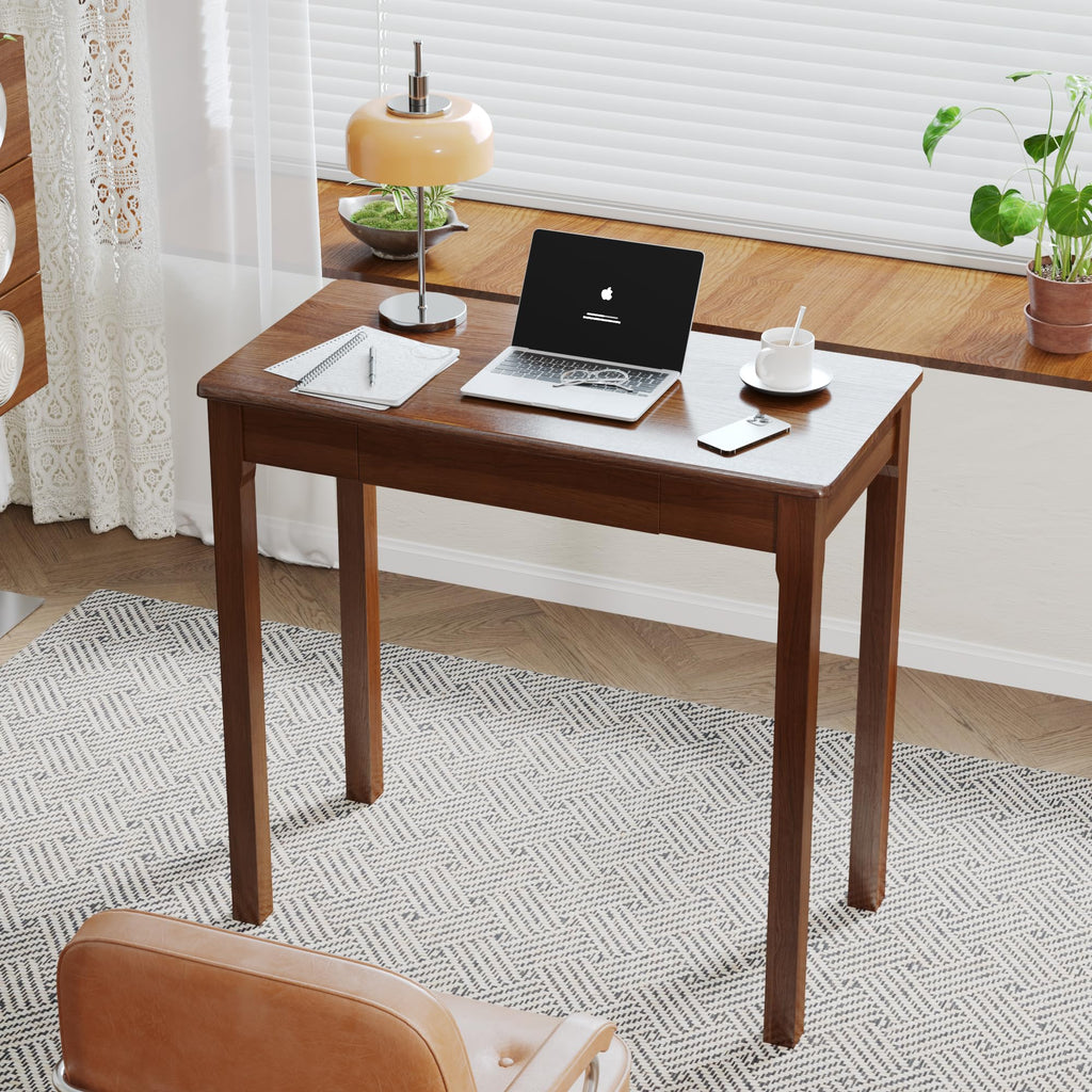 Solid Wooden Desk with Drawers - 32 x 16 Inch Narrow Desks, Rubberwood Mid Century Modern Desks, Small Writing Desk