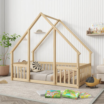 House-Shaped Floor Bed with Safety Guardrails, Natural