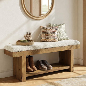47.2-Inch Solid Wood Entryway Bench, 2-Tier Farmhouse Upholstered Bedroom Bench with Storage Shelf, Narrow Bench