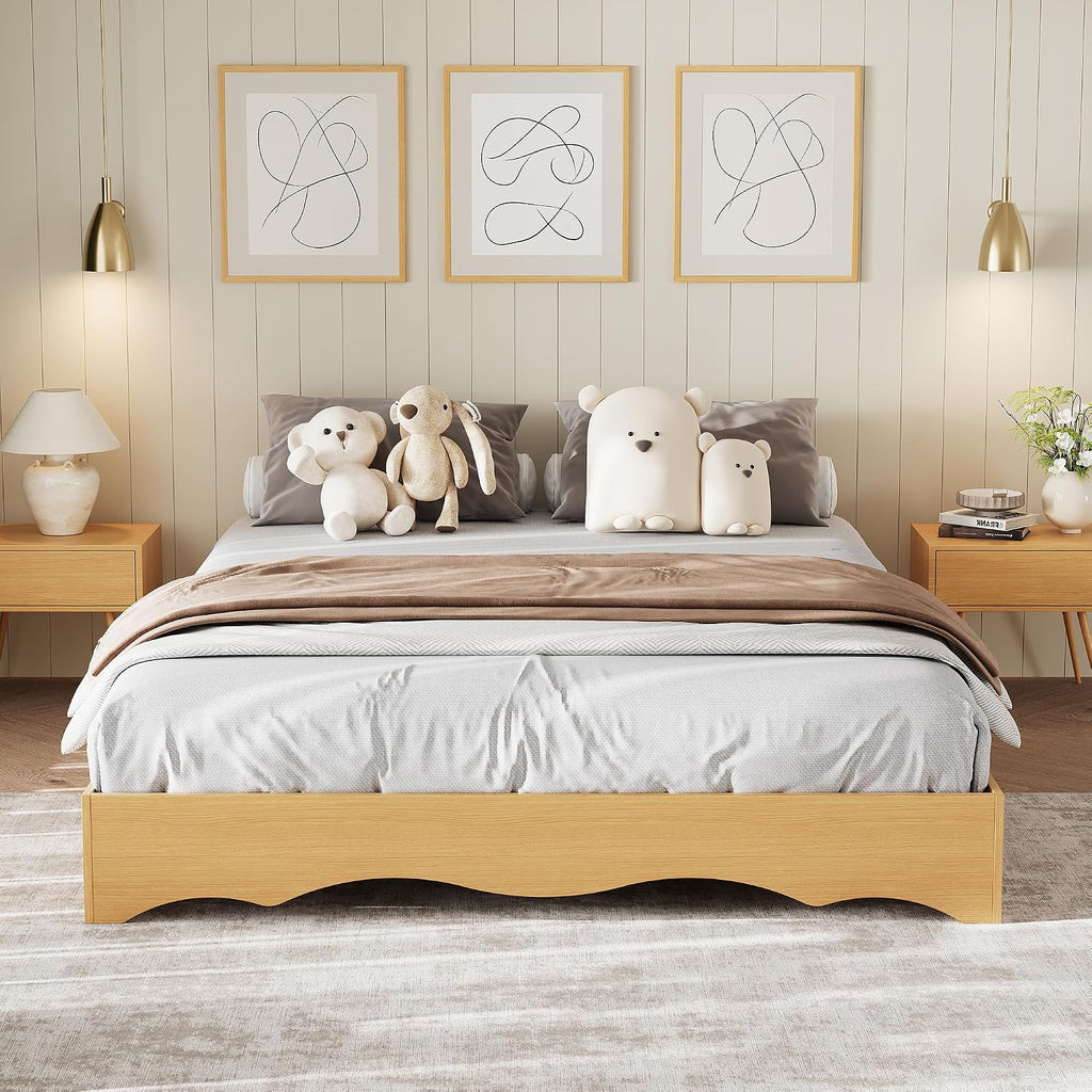 Japanese-Style Low-Profile Wood Platform Floor Bed Frame with Wave Edge, No Headboard, Solid Slat Support