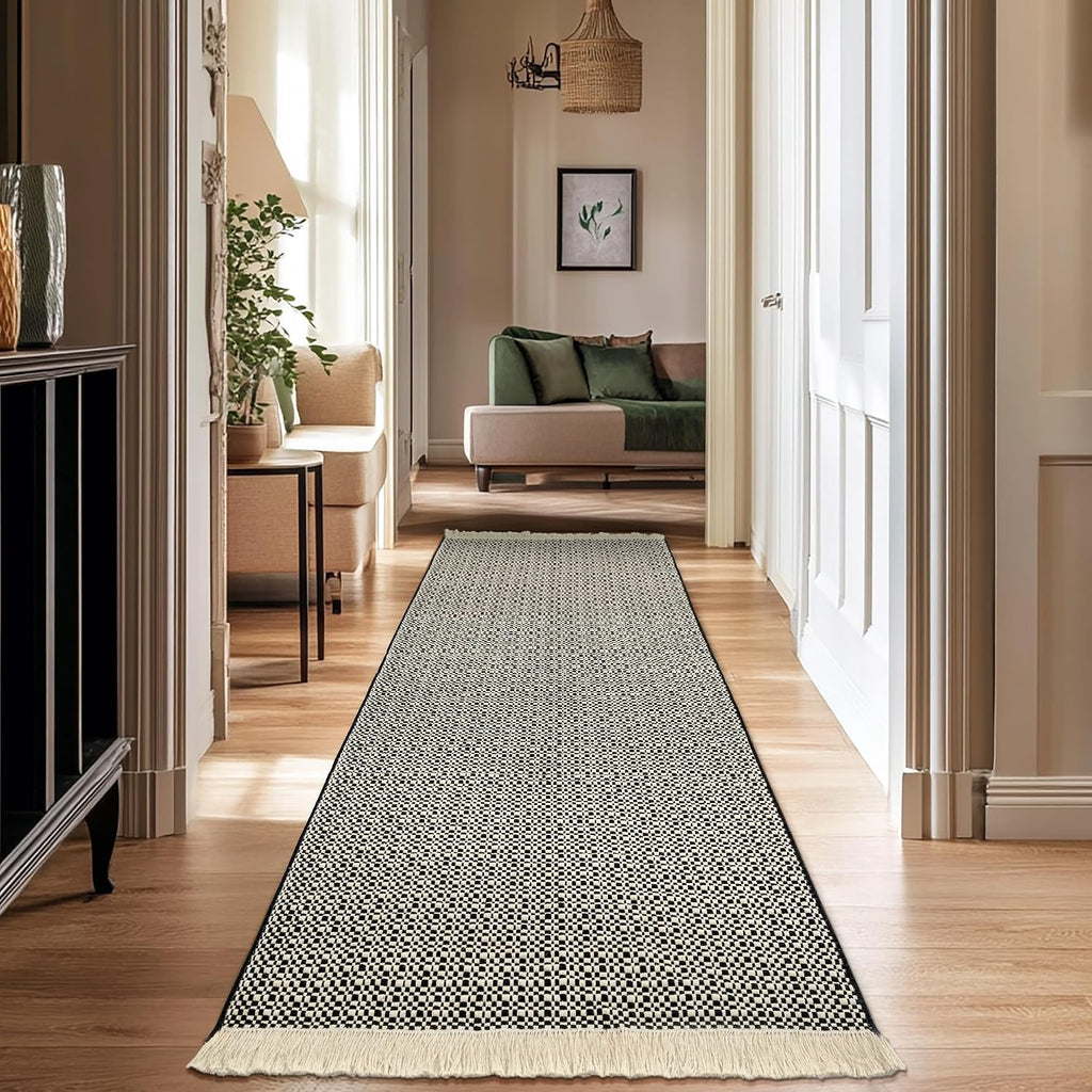 Checkered Runners 2'6''x8 Long Washable Runner Rug with Tassels Cotton Woven Entryway Rugs Checkerboard Indoor Carpet