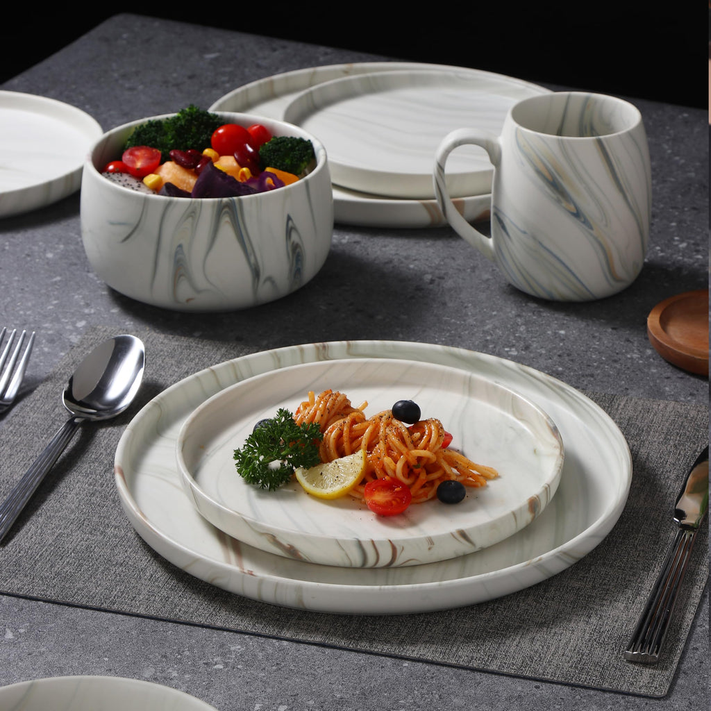 Marble Pattern Dinnerware Set, 16 Piece Service for 4, Includes 10.5" Dinner Plates, 7.75" Salad Plates, 32 oz Bowls