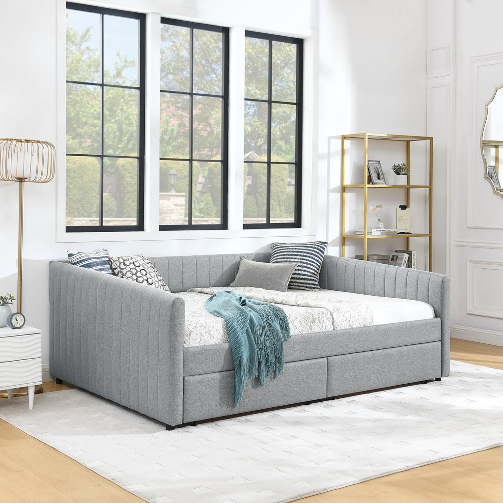 Queen Size Linen Upholstery Daybed with 2 Drawers, Modern Tufted Corner Sofa Bed Frame with Solid Wooden Slats, Easy