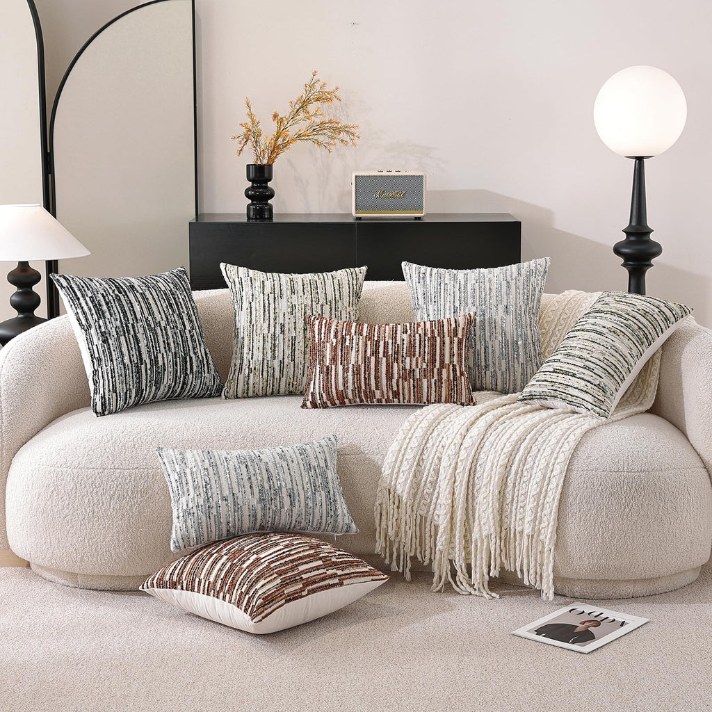 Striped Throw Pillow Covers 20x12 Set of 2 Beige Textured Boucle Chic Morden Boho Accent Farmhouse Decorative