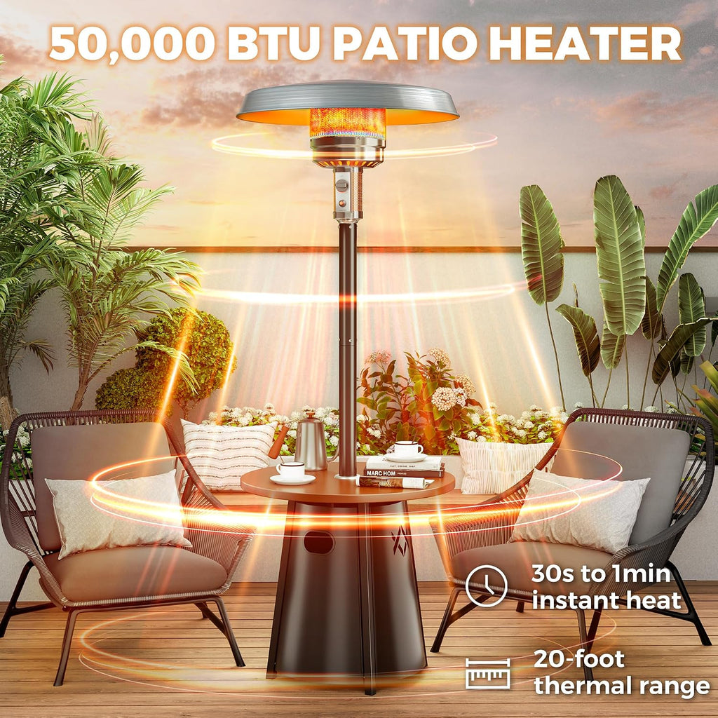 50,000 BTU Outdoor Heaters with Round Table Design, Premium 304 Stainless Steel Burner, Triple Protection System