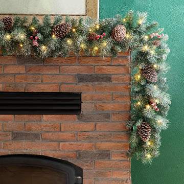 2PCS with Lights, Christmas Garland for Mantle, Pre-Lit Artificial Christmas Garland Glittered Pine Cones Berries