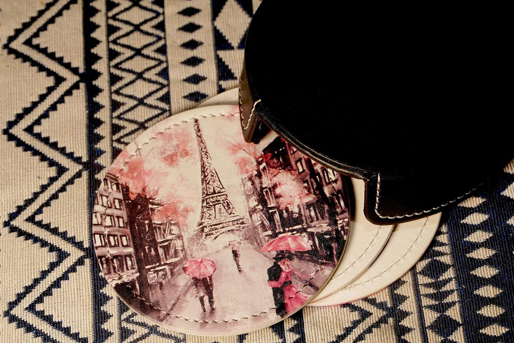 France Eiffel Tower Coasters For Drinks With Holder Leather Coasters Table Decor Protect Furniture From - Set of 6