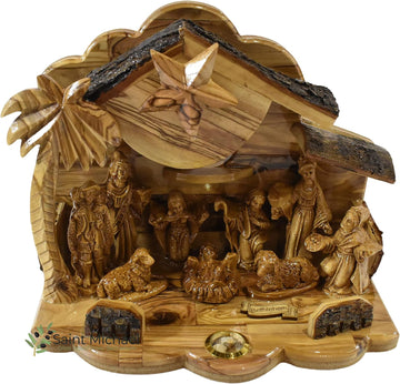 Olive Wood Nativity Set with Silent Night Music Box, Handmade in Bethlehem, 8.75-Inch Holy Family Christmas Manger