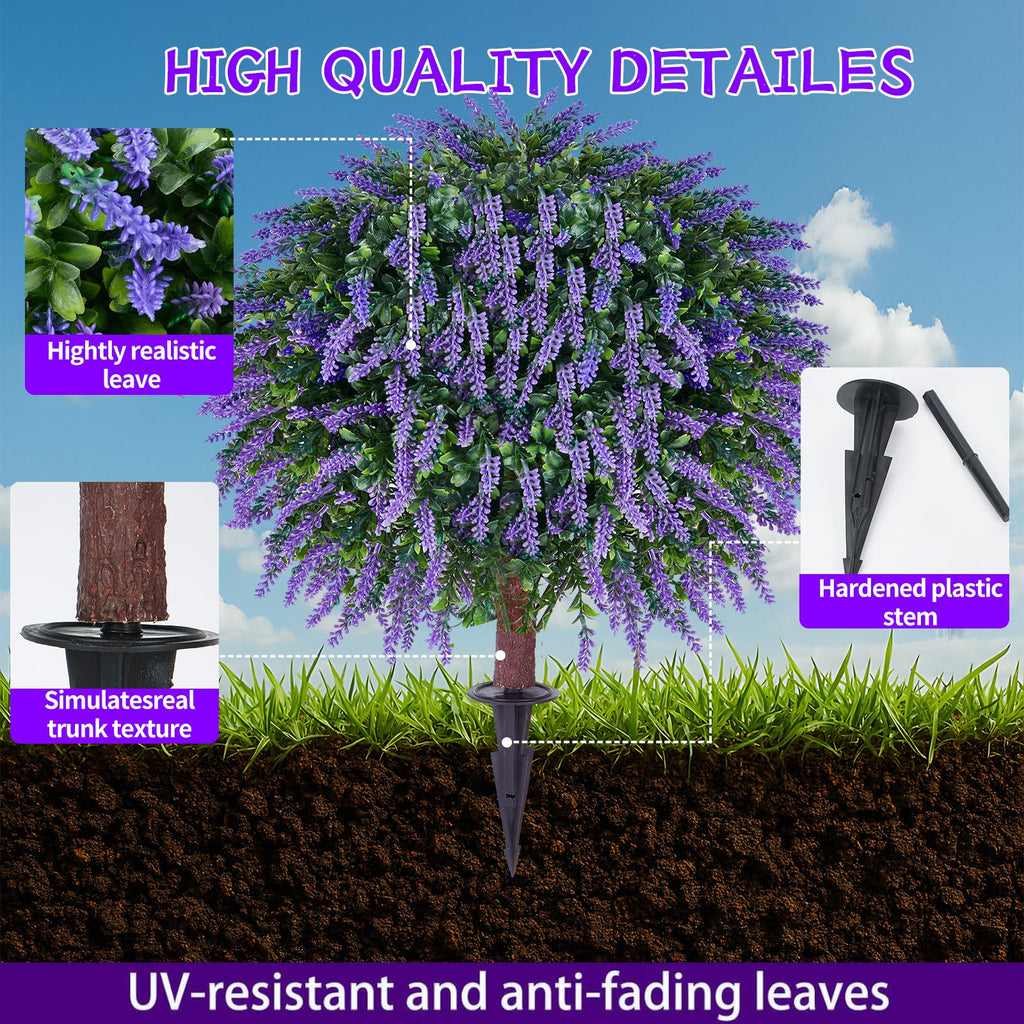 24" Artificial Lavender Topiary Ball Tree 2-Pack, UV Resistant Outdoor