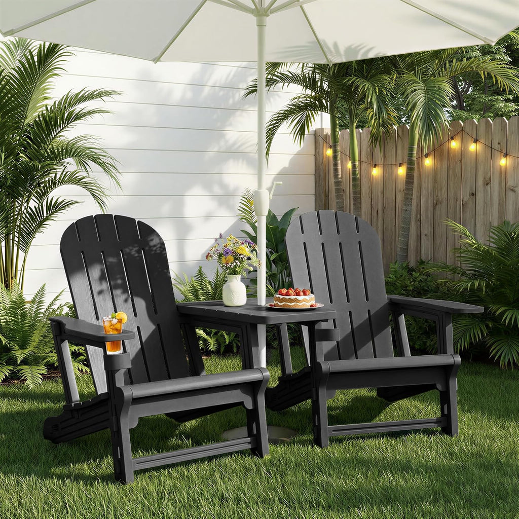 JY QAQA Outdoor Adirondack Chair Set of 2, All-Weather HDPE Patio Furniture with Detachable Table, Wood Texture & Cup