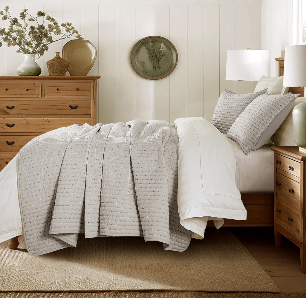 Lightweight Quilted Bedspread Quilt Set, Pre-Washed Brushed Microfiber, Handmade-Look Stitching, All-Season