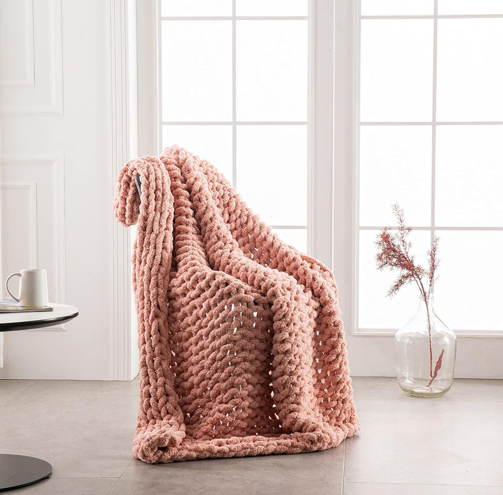Chunky Knit Blanket Throw - 50"x60" 3.7 lbs.- Soft Chenille Yarn Knitted Blanket -Machine Washable Crochet Blanket