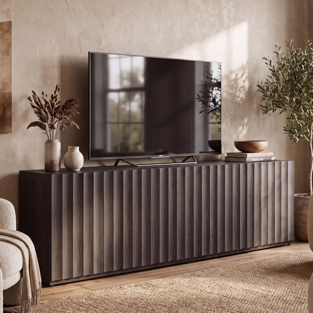 46.96" TV Stand, Fluted Mid-Century Modern 3 Doors, Charcoal Oak