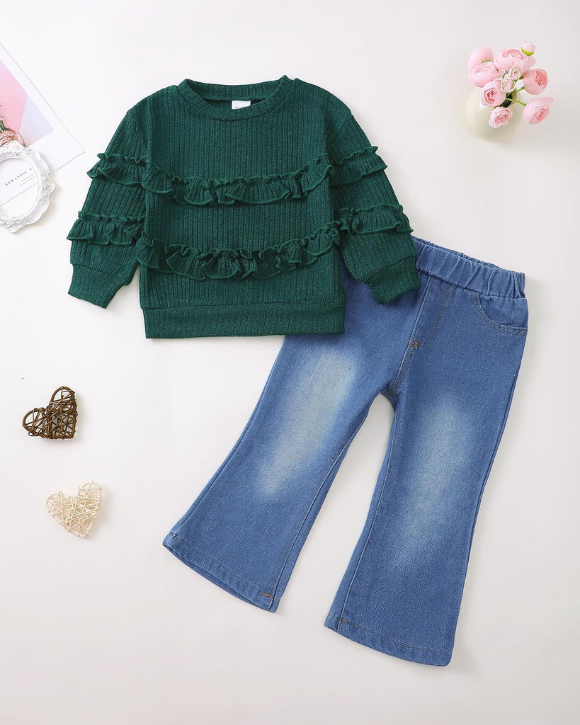 Toddler Baby Girl Clothes Kids Outfits Ruffle Heart Sweatshirt Jeans Denim Pants Set Little Girls Clothing