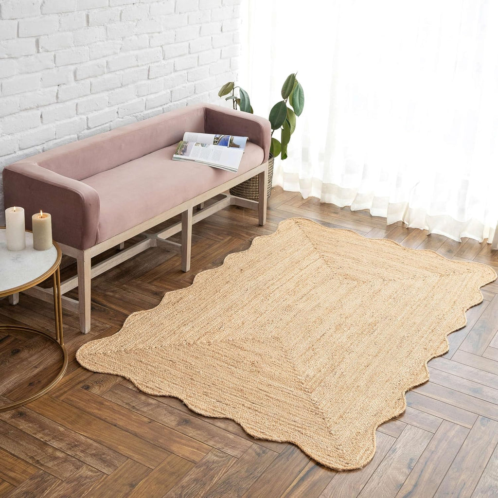 Scalloped Jute Rug, Handwoven Natural Fiber Small entryway Rug Farmhouse Area Rug, Natural 2x3 ft.
