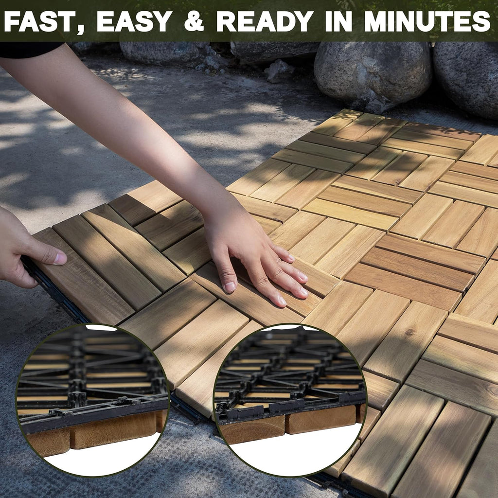 Natural Acacia 12x12 Interlocking Wood Deck Tiles for Balcony, Garden, Patio, Poolside Decor - Waterproof Indoor &