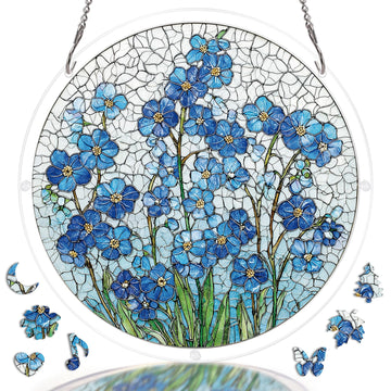7.4 In Acrylic Suncatcher Puzzle, Azure Bloom Whisper Stained Glass Style