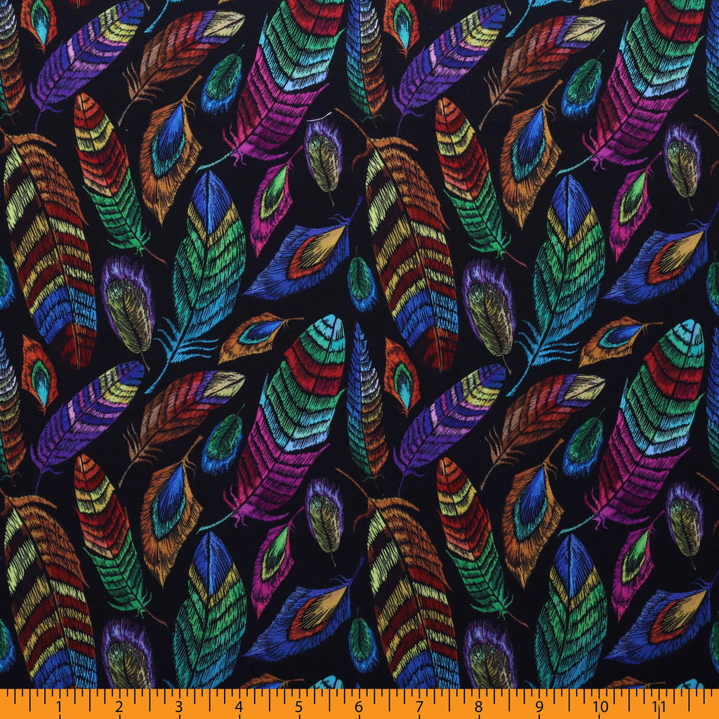 Feathers Cotton Fabric, Black/Multi Cut by The Yard