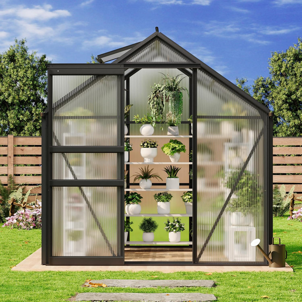 6 x 6 FT Walk-in Greenhouses for Outside, Polycarbonate Greenhouse with Sliding Door, Adjustable Roof Vent, Aluminum