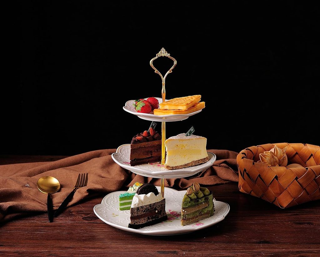 Embossed 3-tier Ceramic Cake Stand- Cupcake Stand with Golden Rim