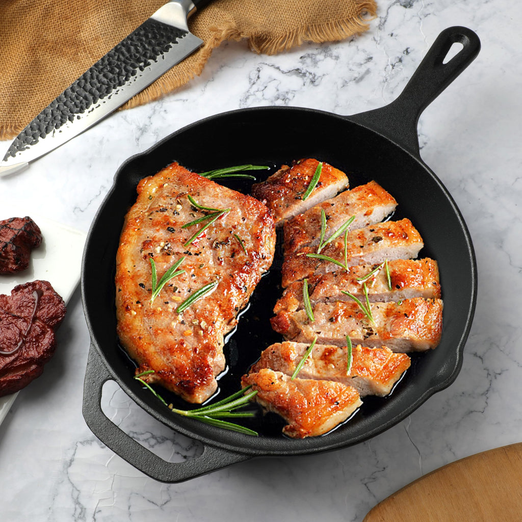 10 Inch Cast Iron Skillet, Pre-Seasoned Frying Pan for Oven, Stovetop, Grill & Campfire, Durable, Non-Toxic