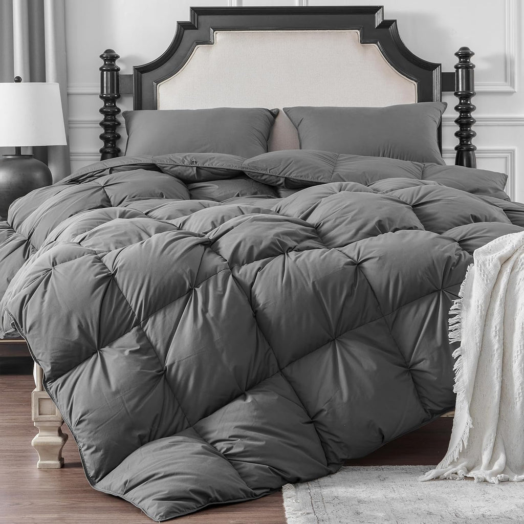 Pinch Pleat Goose Down Feathers Fiber Comforter Full/Queen All Season-Ultra Soft and Cozy Noiseless 