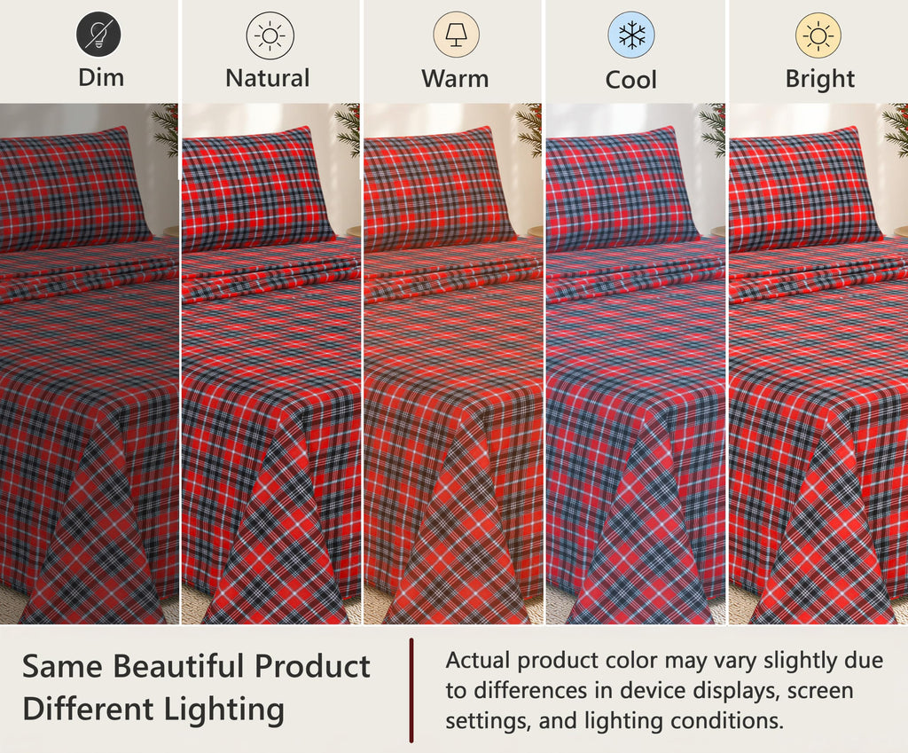 100% Cotton Flannel Sheets Queen Size, 4 PCs, Red Plaid