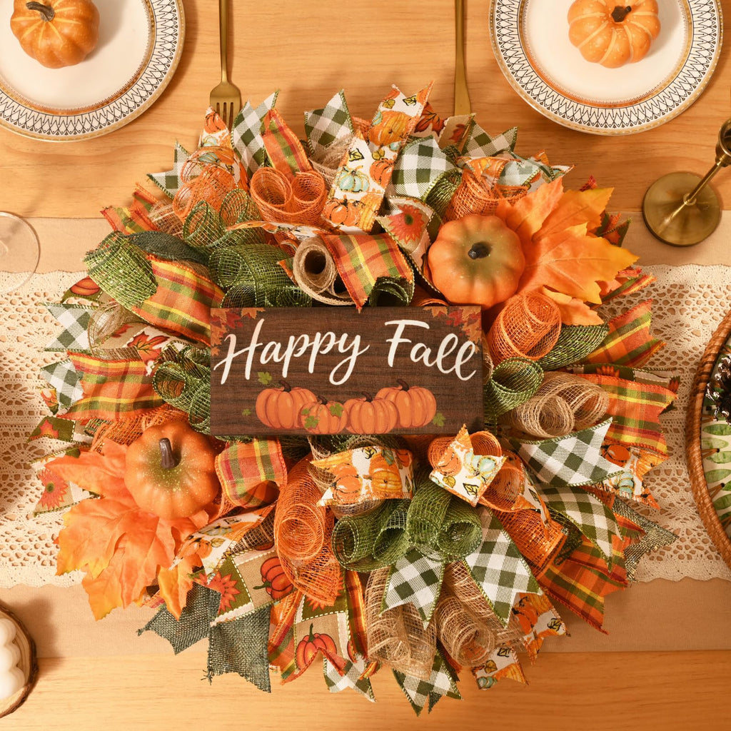 Fall Decor, Fall Wreaths for Front Door, 20" Wreath Mesh Bow with Wood Sign